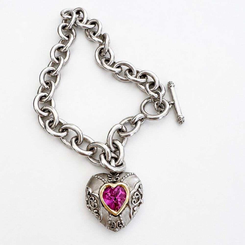 Sterling Silver 14K Pink Heart Charm Toggle Bracelet 7.5" 21g